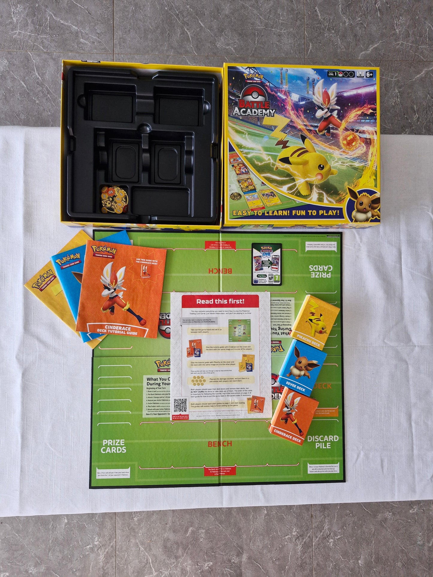 Pokémon TCG Battle Academy Board Game – Pikachu, Cinderace & Eevee Decks (2022, Complete)