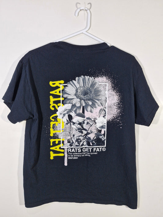 Rats Get Fat Floral Black Graphic Tee - Double Sided - Men's Large