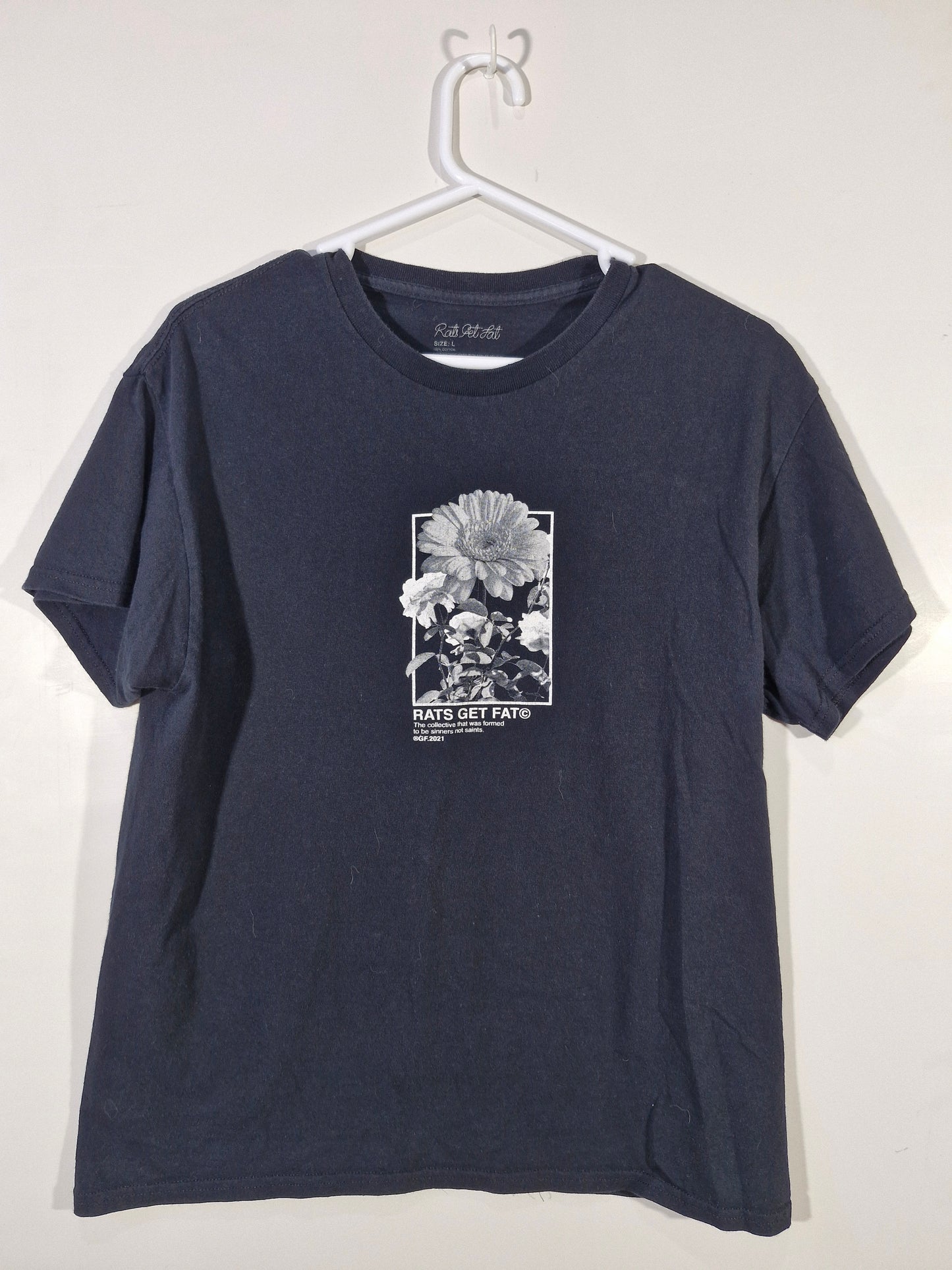 Rats Get Fat Floral Black Graphic Tee - Double Sided - Men's Large