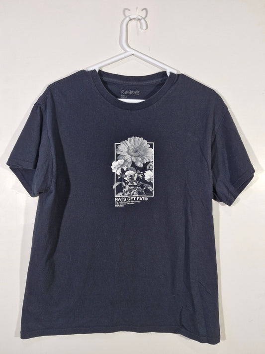 Rats Get Fat Floral Black Graphic Tee - Double Sided - Men's Large