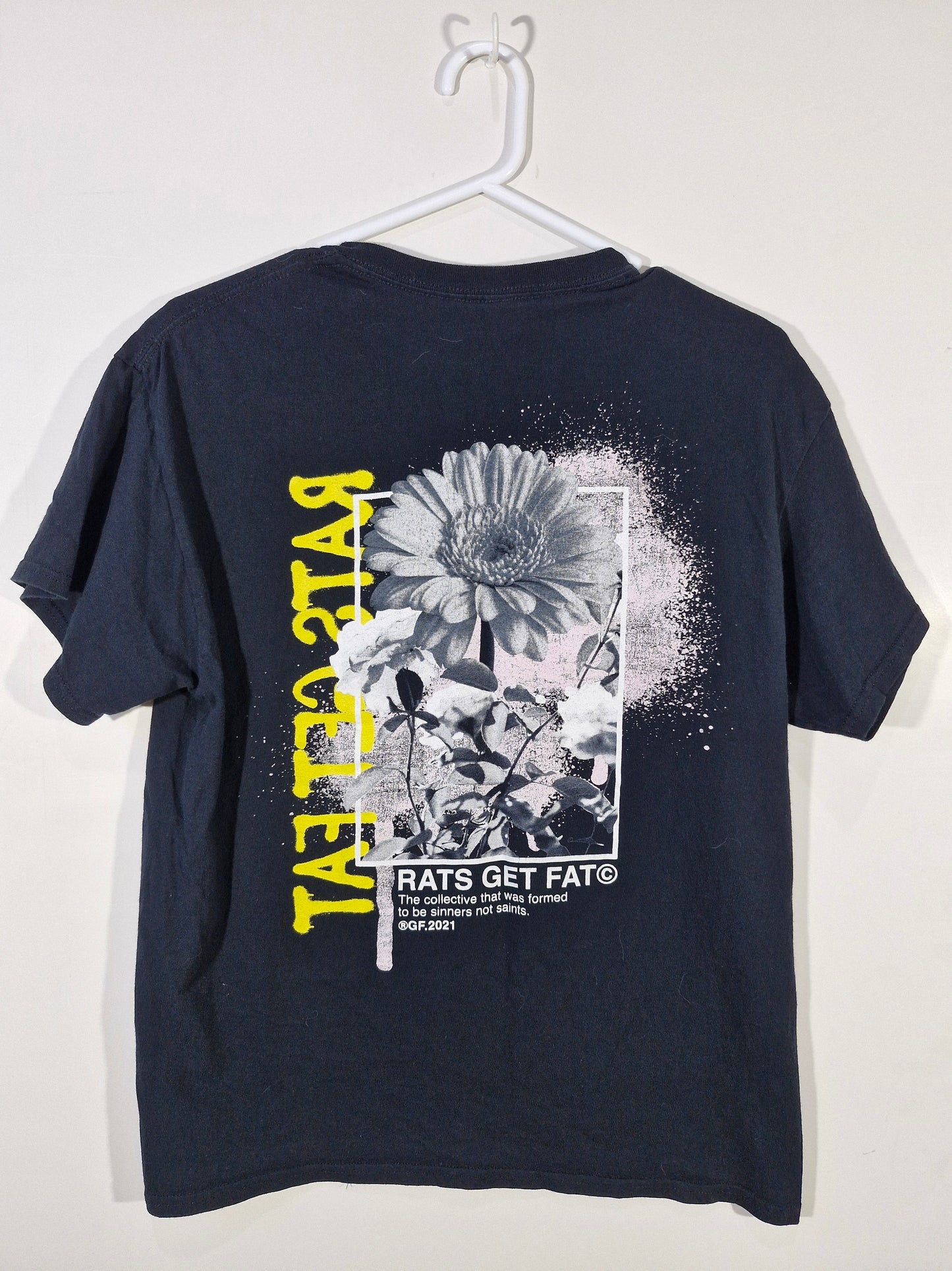 Rats Get Fat Floral Black Graphic Tee - Double Sided - Men's Large