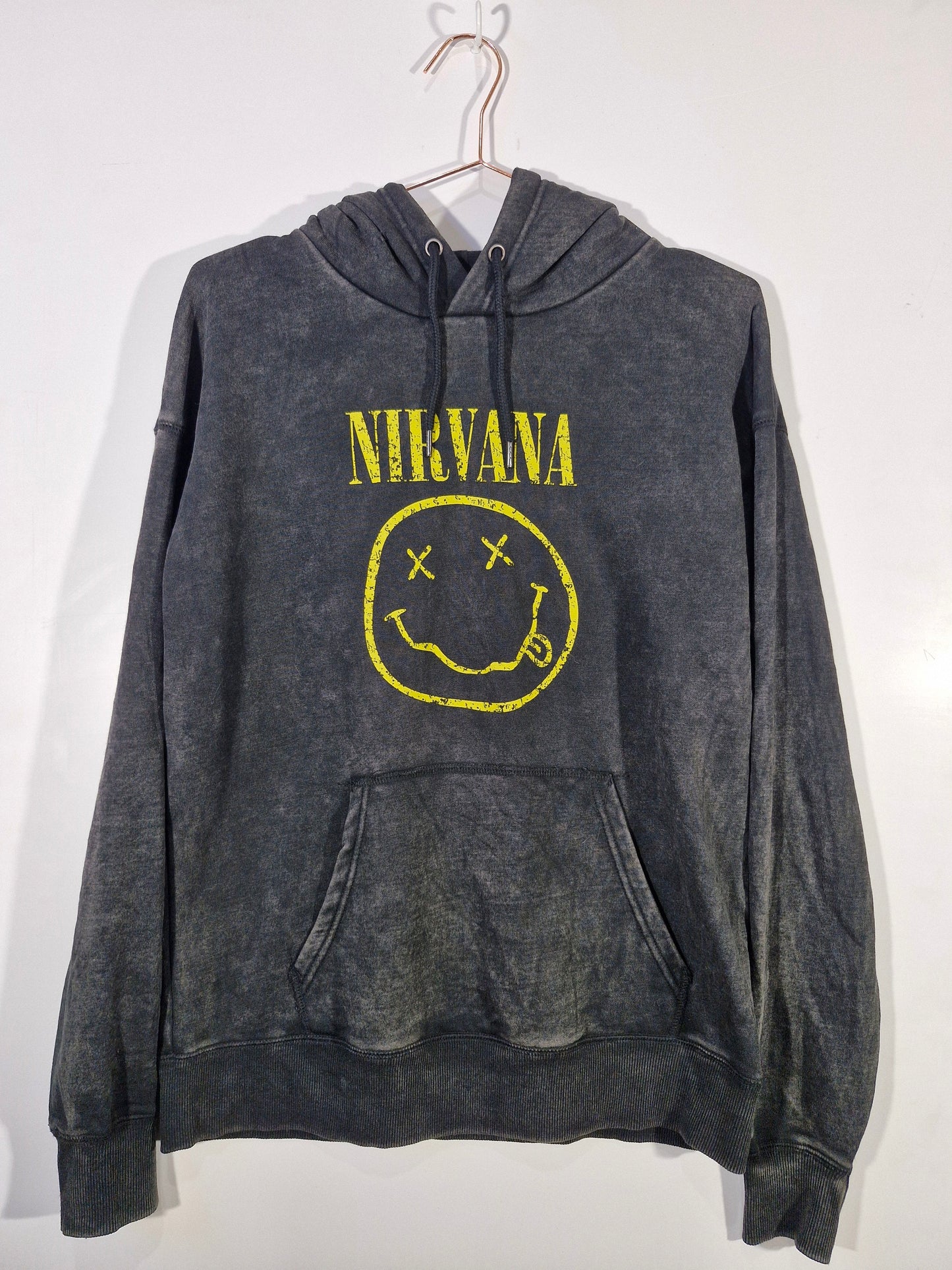 Nirvana Smiley Logo Acid Wash Hoodie - Black - Size S