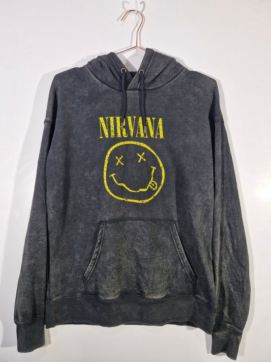 Nirvana Smiley Logo Acid Wash Hoodie - Black - Size S