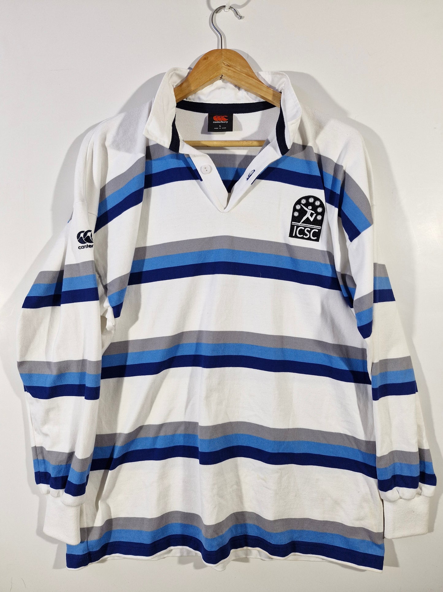 Canterbury Randwick #20 Long Sleeve Rugby Polo - White/Blue/Grey - Size Men's Large