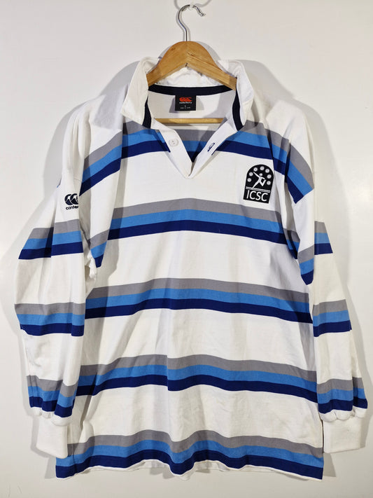 Canterbury Randwick #20 Long Sleeve Rugby Polo - White/Blue/Grey - Size Men's Large