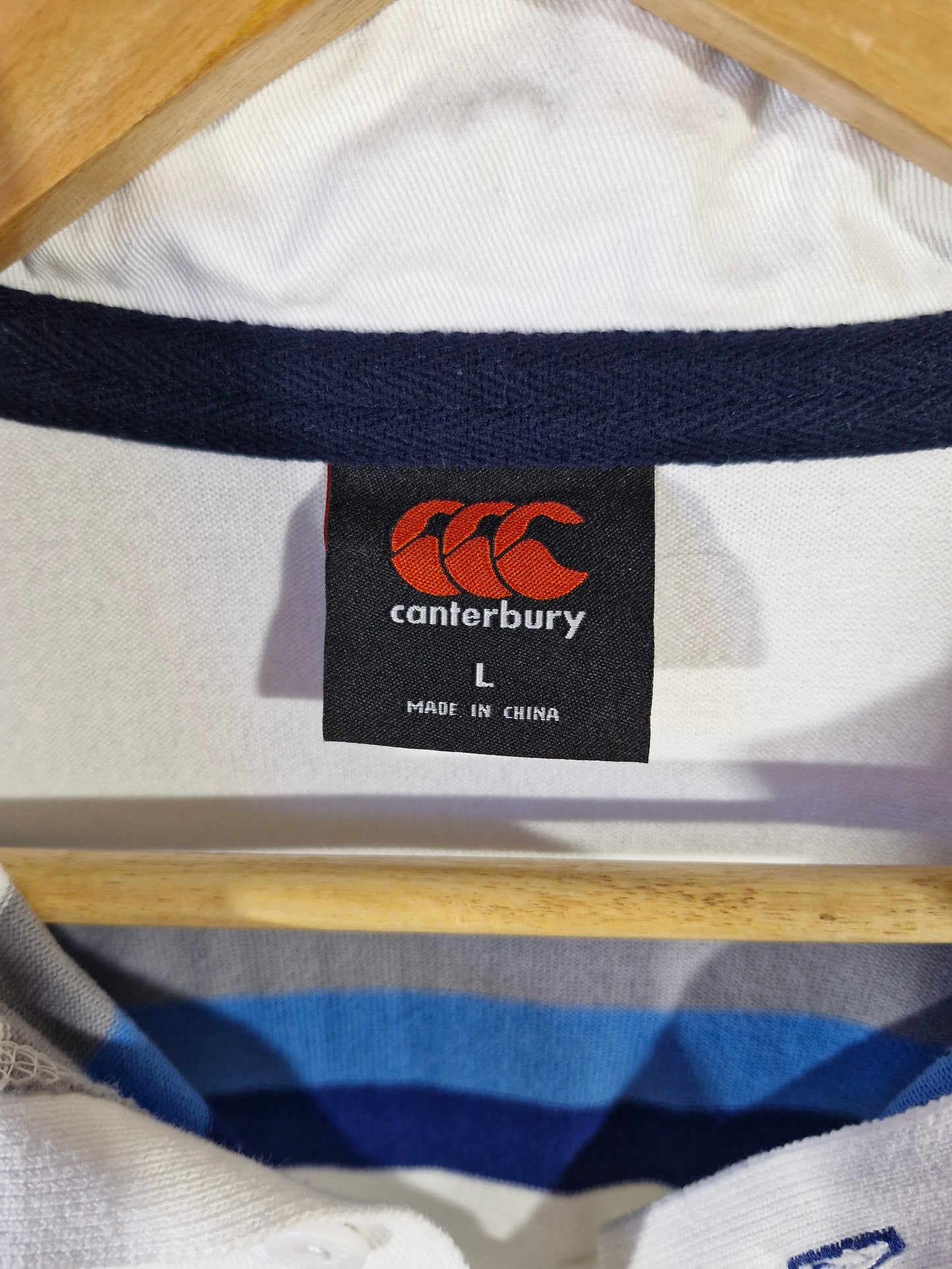Canterbury Randwick #20 Long Sleeve Rugby Polo - White/Blue/Grey - Size Men's Large