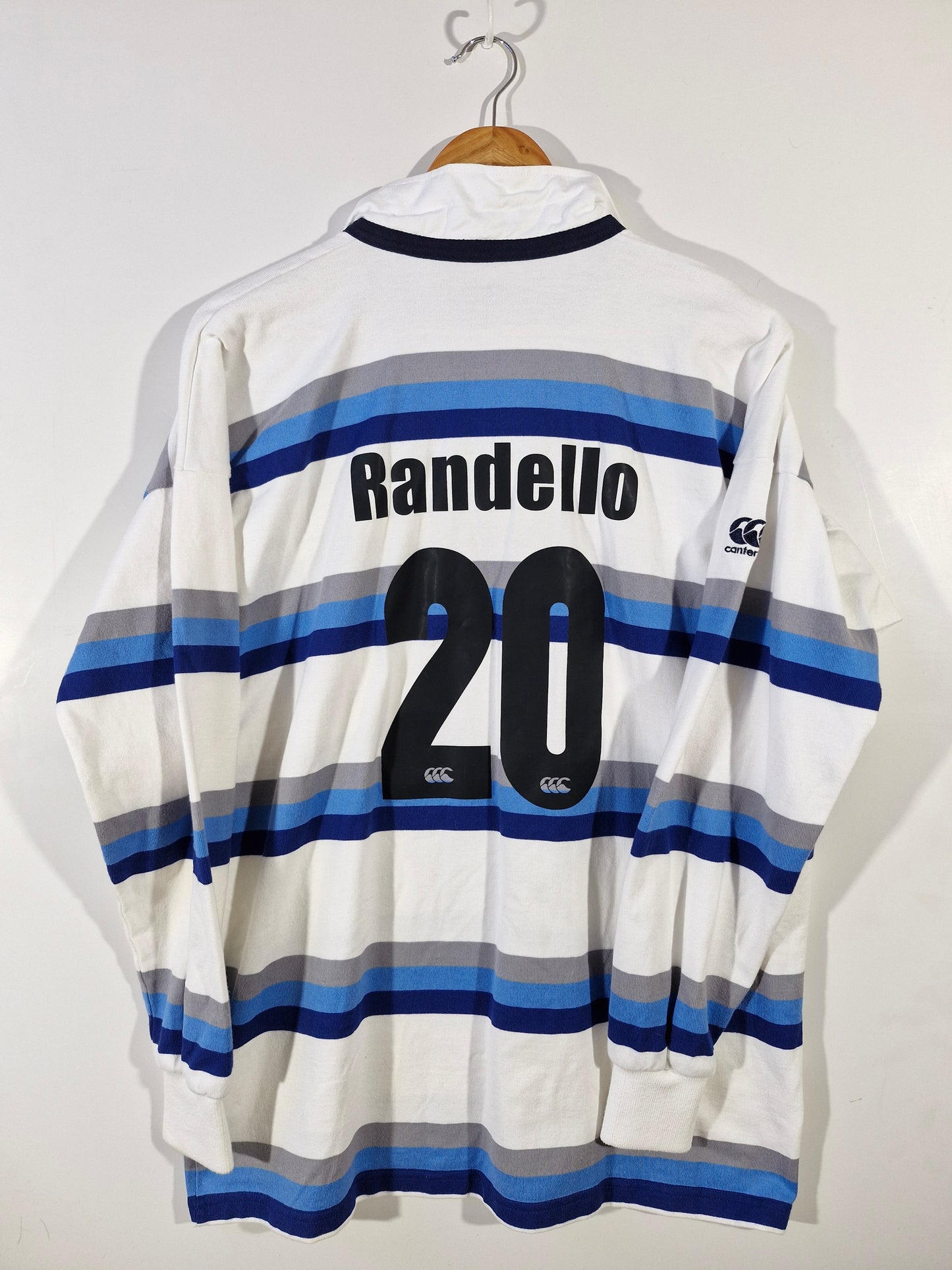 Canterbury Randwick #20 Long Sleeve Rugby Polo - White/Blue/Grey - Size Men's Large